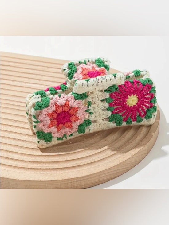 Accessories - Handmade Crochet Floral Hair Clamp - Pink & Green